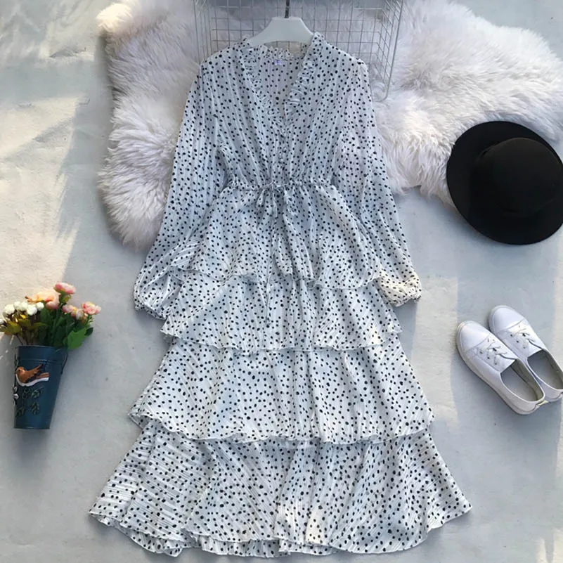 

NiceMix Women Summer Lantern Sleeve Ball Gown Dress Vintage New Lace Up Bandage V-neck Pullover Slim High Waist Pleated Dot Cake