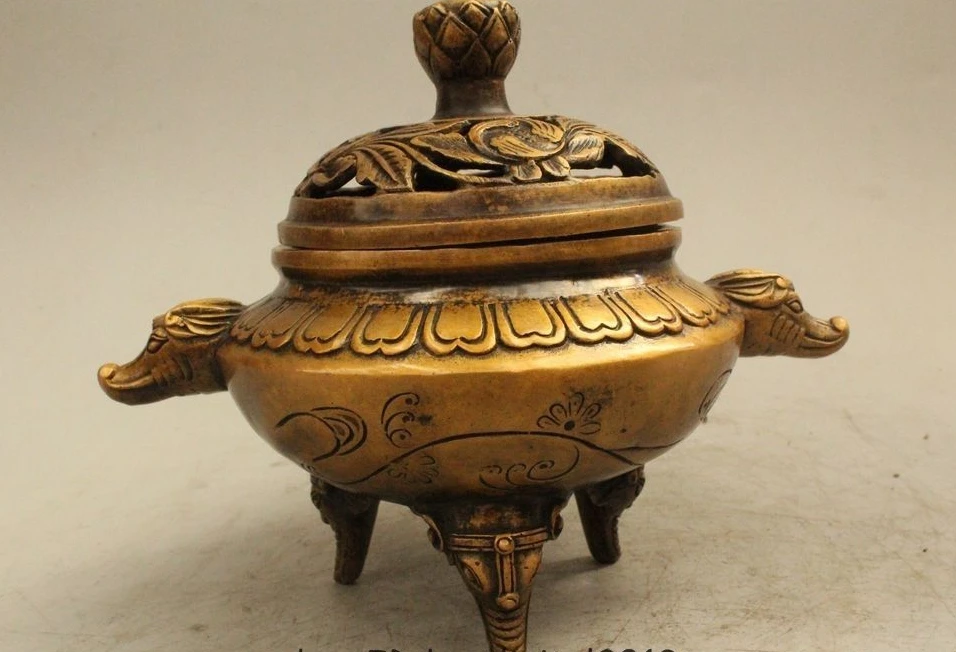 

6" Chinese Dynasty Bronze elephant Handle lotus flower Incense Burner Censer