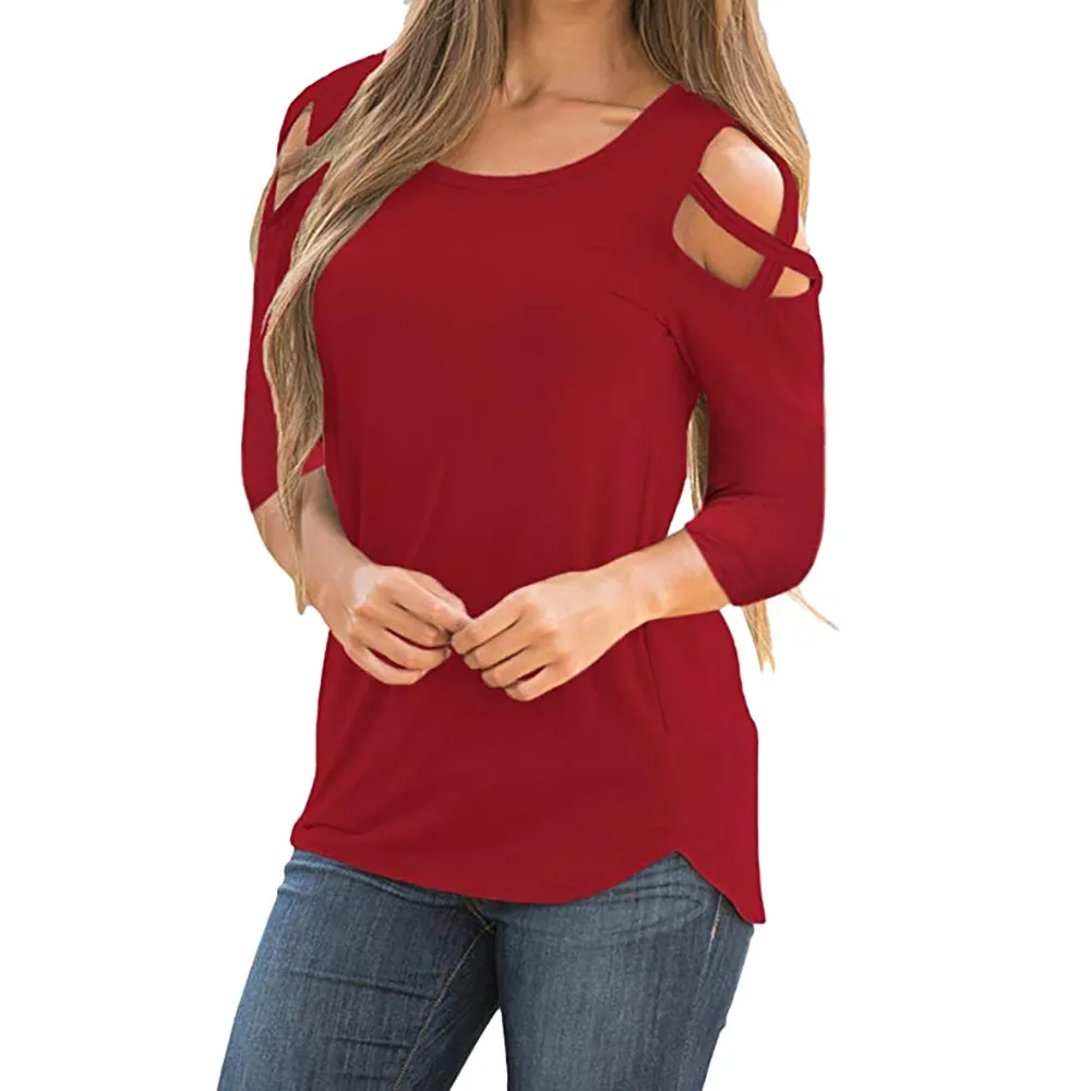 T shirt Women Three Quarter Sleeve Crisscross Strappy Cold Shoulder T ...