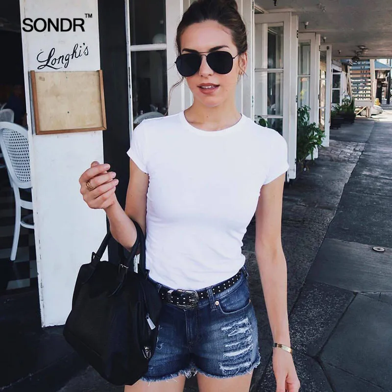 

SONDR 2019 Summer Short sleeve leisure elastic T-shirt female new sexy slimming thin bottom shirt cotton top female Round collar