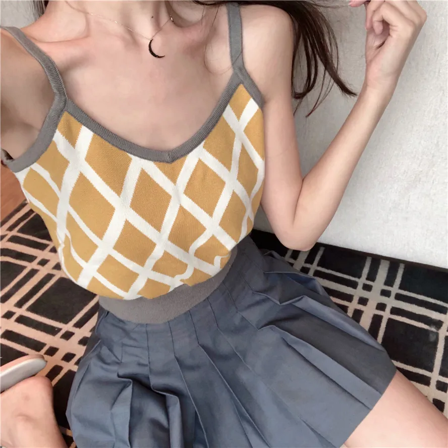 

holiday style plaid crop top womens Strap sexy slim camis 2019 Summer casual knitted top female (R6713)