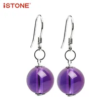 

iSTONE 100% Natural Amethyst Earrings 925 Sterling Silver Purple Beads Shape Drop Earrings fine jewelry Gift for Woman