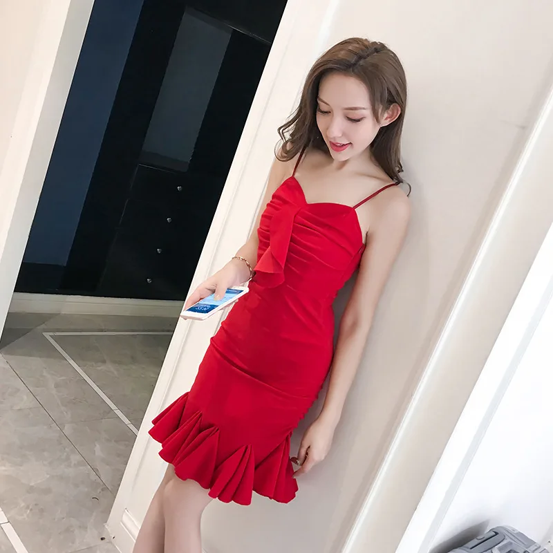 New 2018 Summer  Red Slim Dress  Women Formal Party Dress Women Sling  Sexy Bodycon Ruffles Fishtail Dress Free shipping