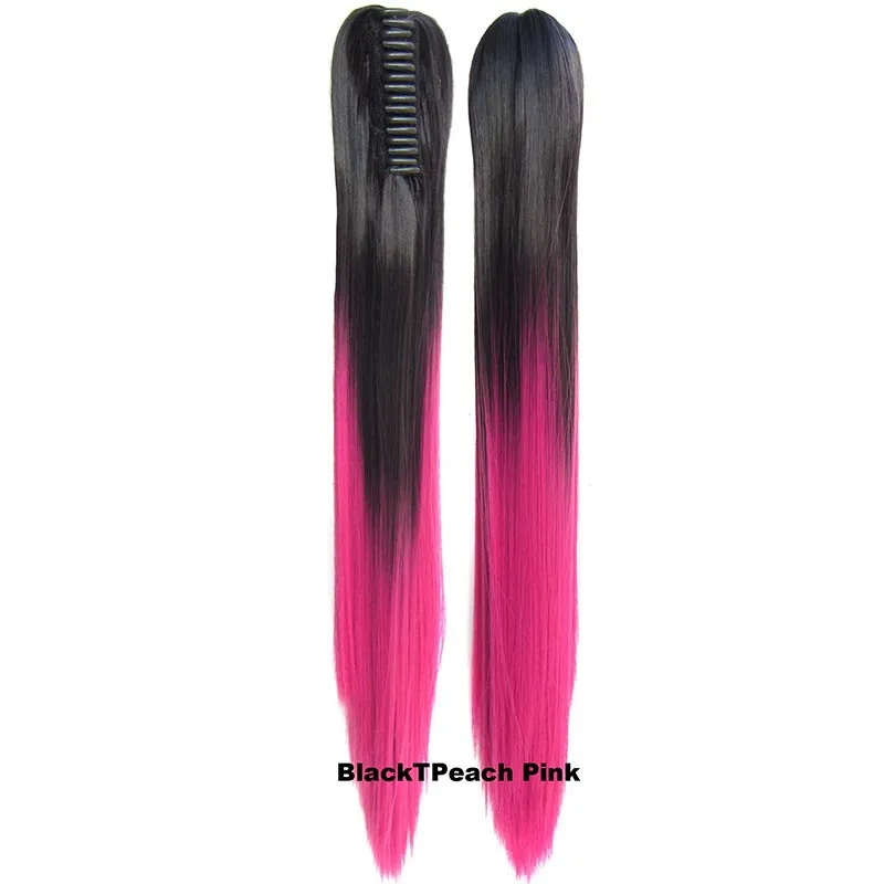 DELICE Long Straight Claw Ponytails Ombre Color Heat Resistant Synthetic Hair Pony Tails Extensions For Women - Color: Black T Peach Pink