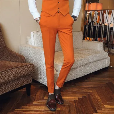 Мужские брюки для свадебной вечеринки, строгие брюки, мужские брюки, приталенные повседневные однотонные синие брюки, костюм для мужчин - Цвет: Orange Men pants