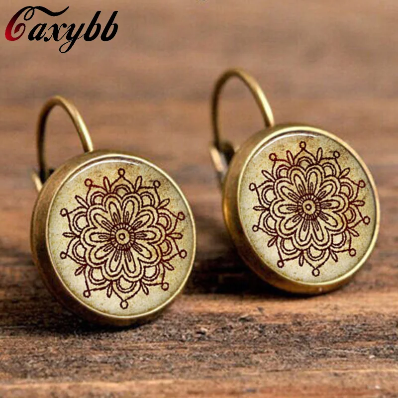 

fashion henna yoga mandala flower earrings om symbol zen buddhism vintage dome glass cabochon earring handmade jewelry c-e259