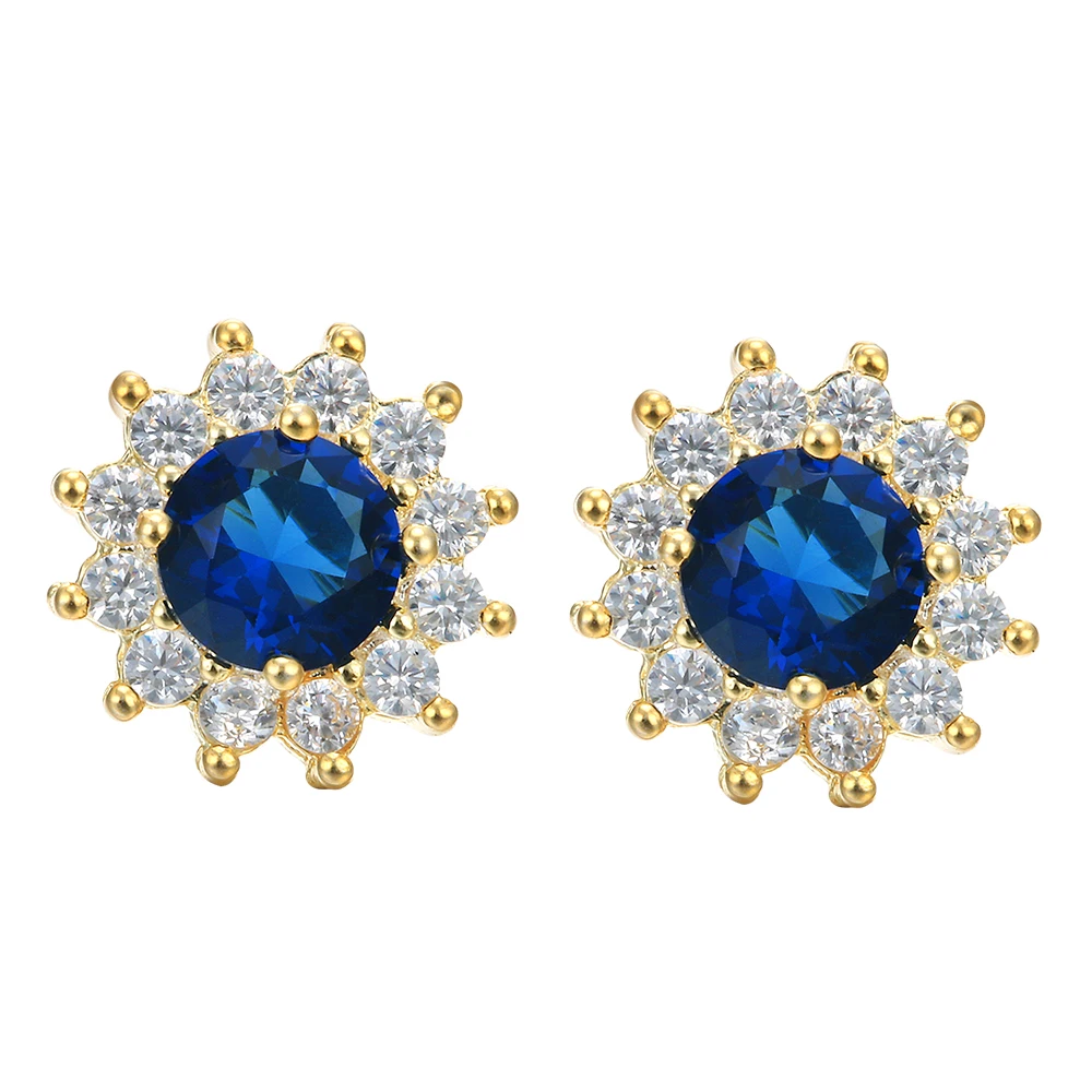 

Hainon Fashion Blue Zircon Stud Earring Jewelry Round AAAA CZ Crystal New Flower Shape Silver/Gold Color Earring