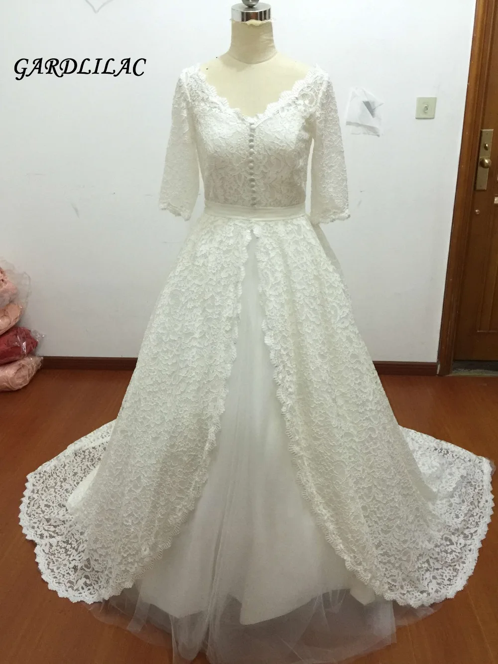 

New Real Pictures Ball Gown Half Sleeve Bridal Dress Muslim Plus Size Lace Wedding Dresses 2017