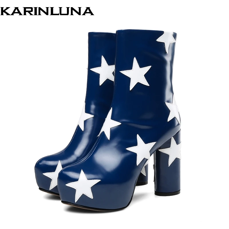 

Karinluna Brand design 2019 Large Size 34-43 genuine leather Women's Shoes Ankle Boots Fashion High Heels stars platform Boots