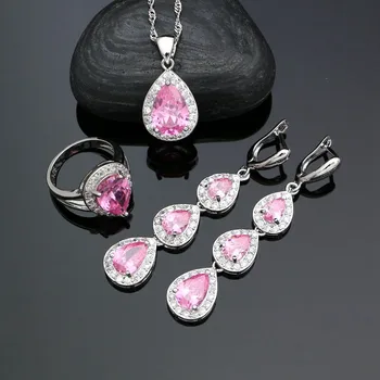 

Water Drop Stones 925 Silver Jewelry Sets For Women Pink Cubic Zirconia White Crystal Long Earrings Ring Pendant Necklace Set