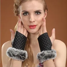 Зимние Модные клетчатые женские перчатки без пальцев наручные теплые Настоящий мех кролика перчатки из овечьей кожи