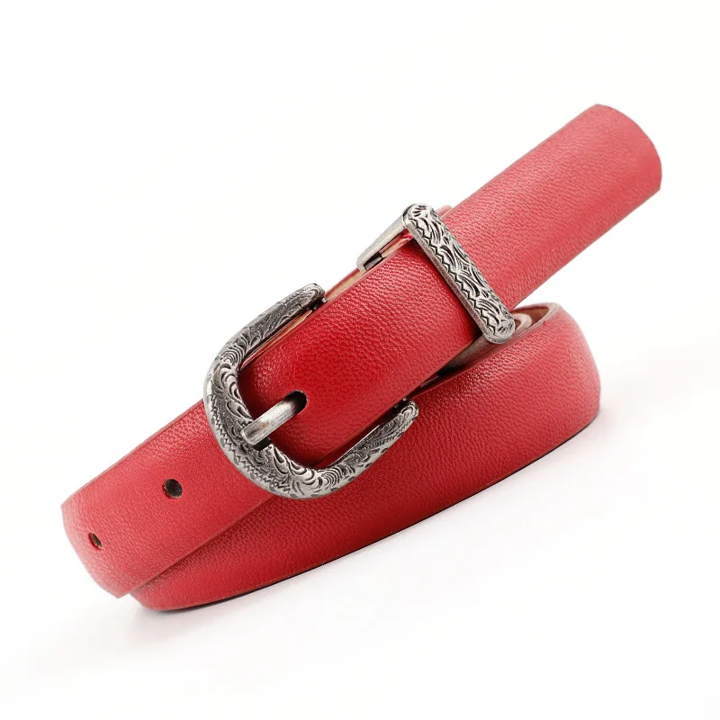 New Designer Ladies Boho Vintage Belt Buckle Belt Woman Thin Narrow Black White Red Brown Leather Belts for Women Jeans