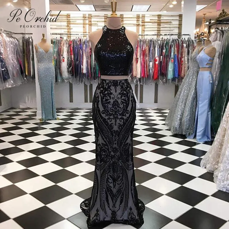 PEORCHID Bling Черный из двух предметов платье для выпускного с пайетками Русалка Длинное Элегантное Выпускной платье длиной до пола Вечеринка
