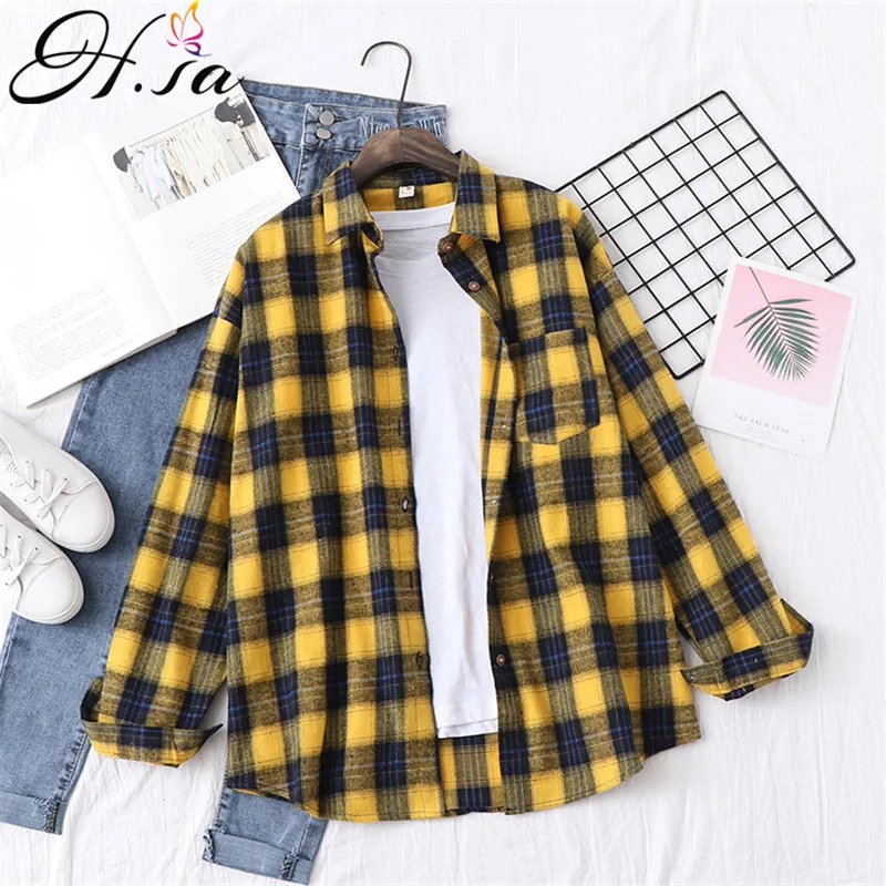 

H.SA Women Casual Plaid Shirts Loose Style ladies tops Yellow Blouses 2019 Tunic Spring Oversized Blouses and Shirt