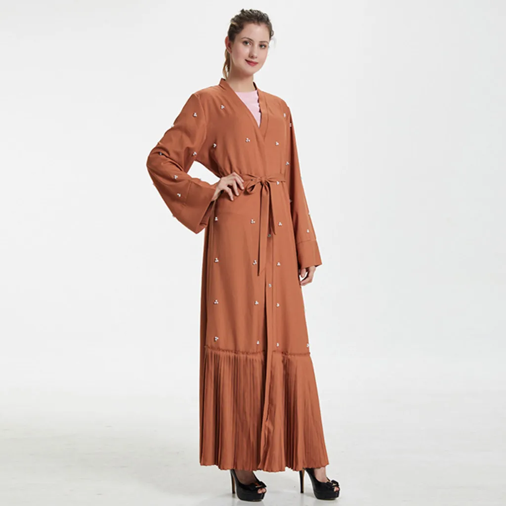 Длинное платье Лето Дубай для женщин жемчужина открыть мусульманское платье арабский abaya кимоно кардиган ropa mujer женский a0318