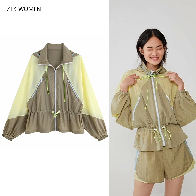 

ZTK WOMAN 2019 Women Fashion Autumn Coat Casual Hood Puff Sleeve Patchwork Zipper Grey loose Ladies jacket Top