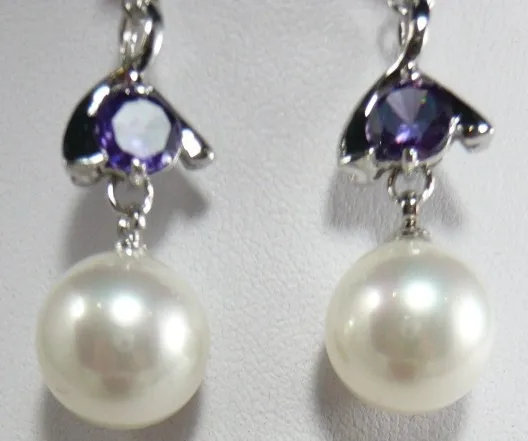 

hot Free shipping@@ Gift - natural sallei nanyang pearl 12mm white shell beads purple zircon drop earring