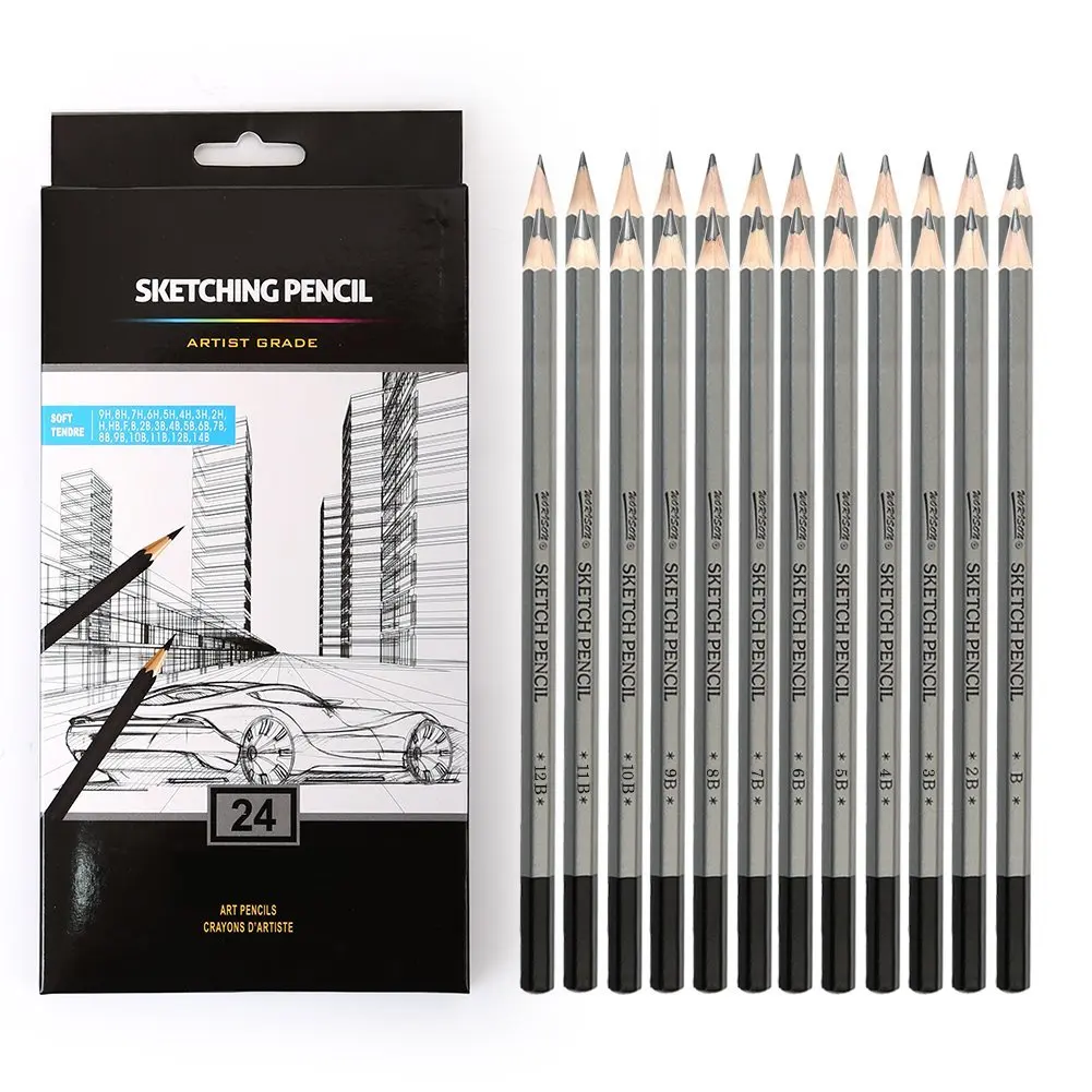 24 Drawing Pencils Set, Art Sketching Pencils 14B, 12B, 10B, 9B, 8B, 7B, 6B, 5B,H-9H, Graphite Pencils for Adults & Kid Artists