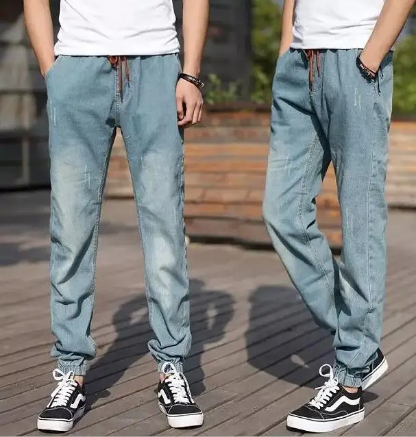 Wholesale 2018 fashion loose Elastic Waist Drawstring Casual Hip hop Cheap Cowboy Denim Washing harem Track Jeans teenagers pant