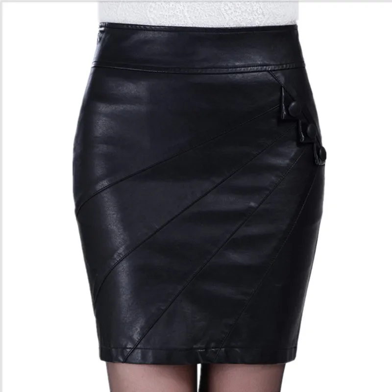 HU GH Leather Mini Skirt Women Buttons Lines Office