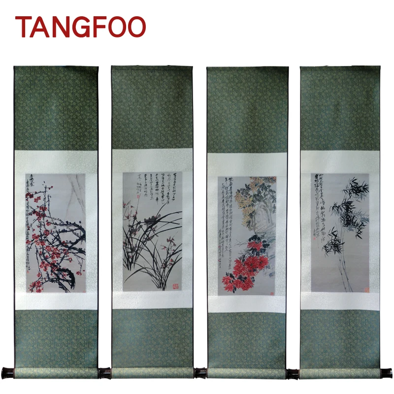 

Home decor Silk Scroll Painting plum orchid bamboo chrysanthemum flower handmade brocade thread embroidery DIY wall hanger hotel