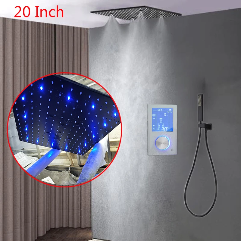 

Black Shower Head Rainfall Digital Shower Set LCD Display Thermostatic Mixer Valve 20 Inch Mist Bathroom Shower Faucet Ceiling