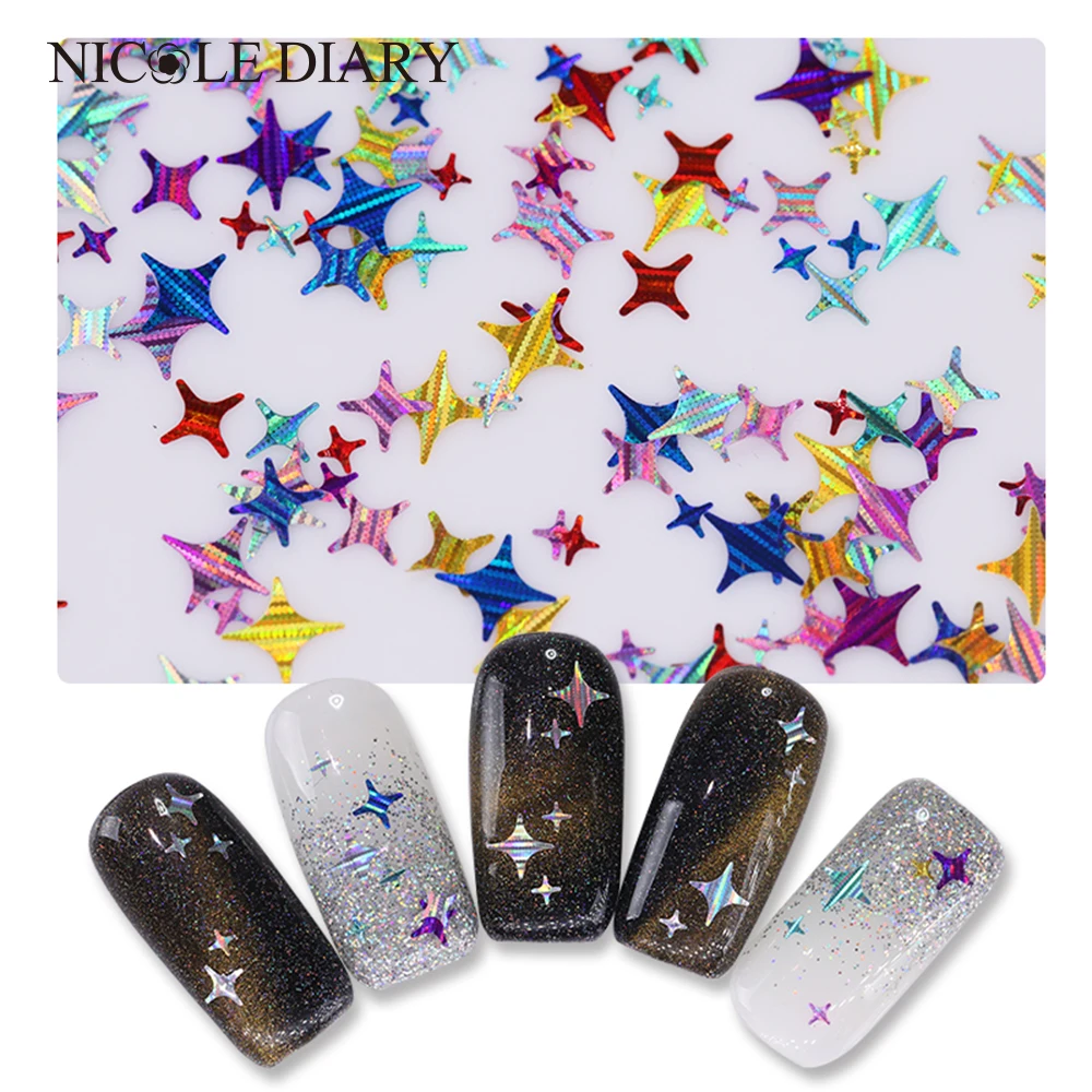 

Holographic Gold Silver Nail Sequins Four Angle Stars Laser Flakies Paillette Nail Art 3D Decoration