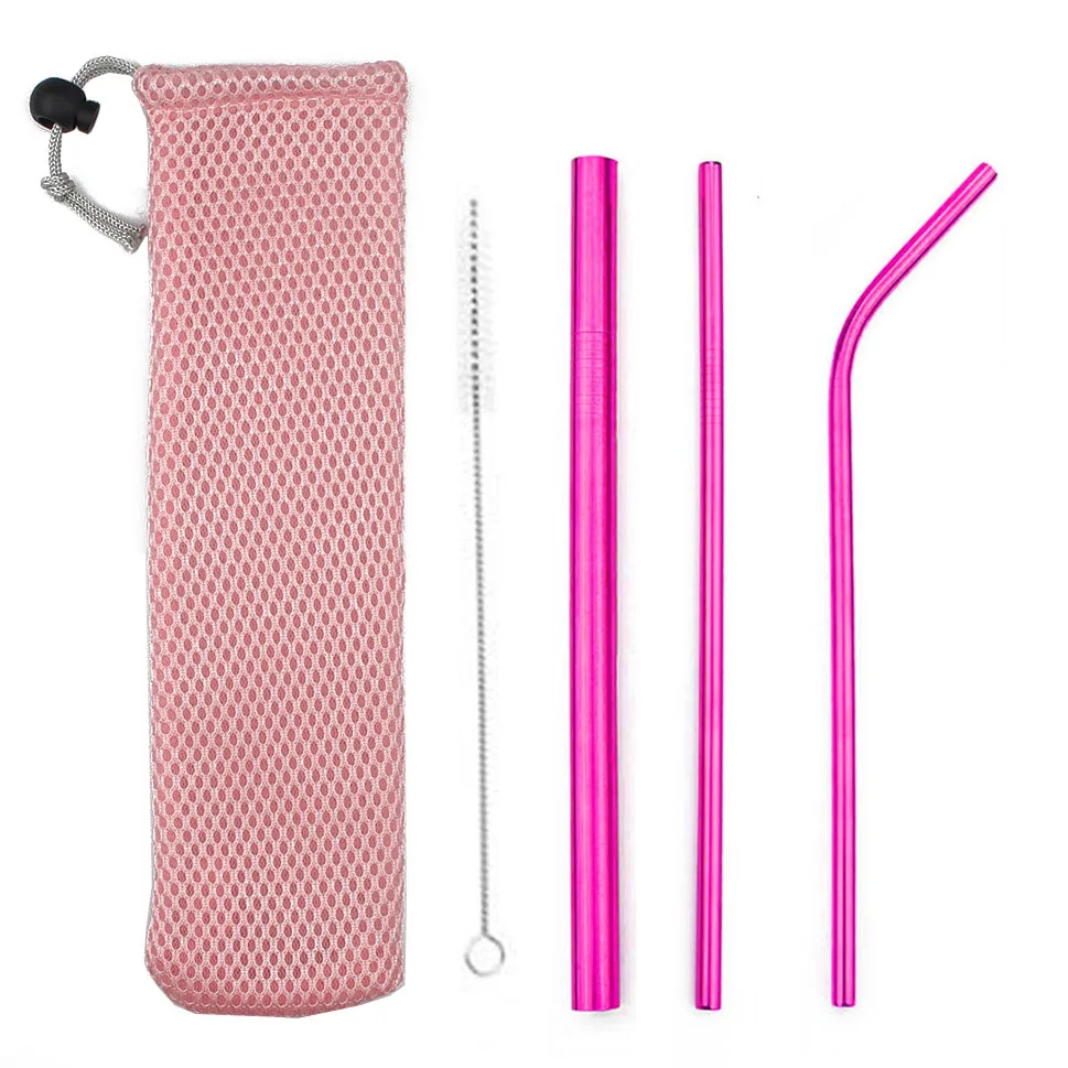 5Pcs Bubble Tea Stainless Steel Straw Reusable Drinking Straws Set Curved Metal Straws Bag with Brush For Smoothies Juice Tea - Цвет: Pink