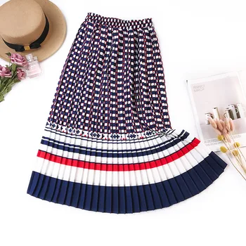 

Vintage England Print Pleated Skirt Women Spring Summer Midi Long Elegant High Waist A-line Plaid Skirt All-match Women Skirt