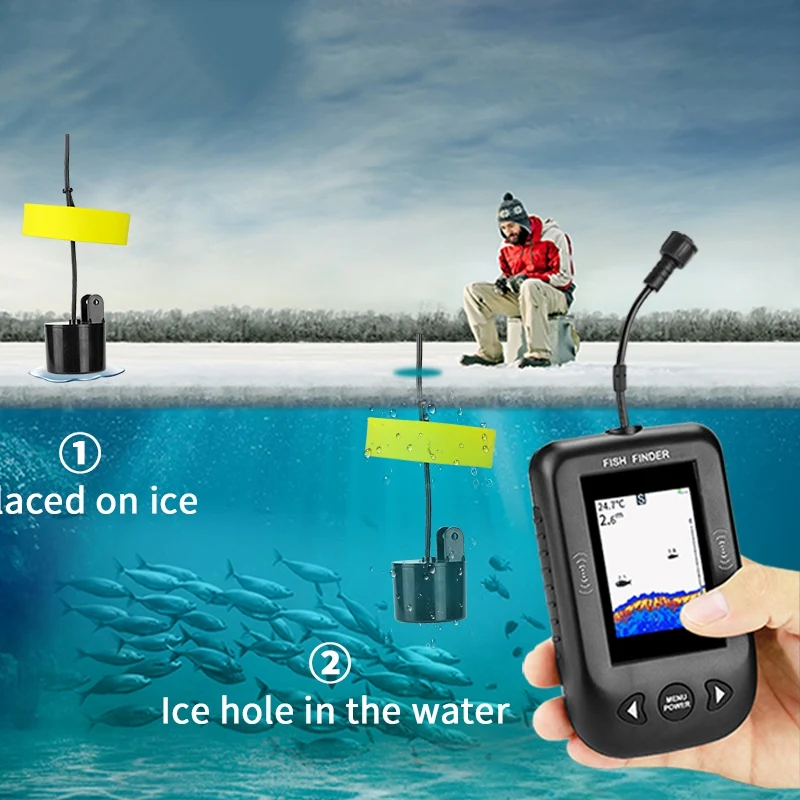 Upgraded Xf02-C Portable Fish Finder 9M Cable Echo Sounder Alarm 0.6-100M Depth Fishfinder Transducer Sensor