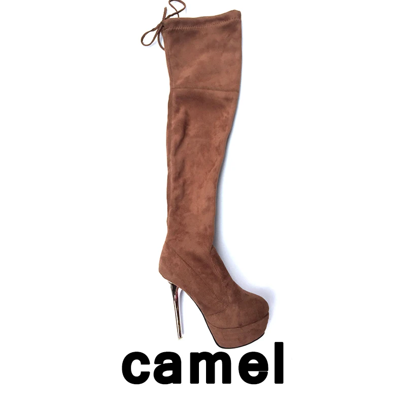 WETKISS/Модная обувь на платформе стрейч женские туфли из флока на высоком каблуке женские высокие сапоги женские туфли на шпильках Ботфорты Ботинки до колен Осень Для женщин - Цвет: camel