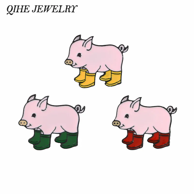 

QIHE JEWELRY Pig in boots Enamel pins Badges Brooches for women girl kuds Cute Animal Pig Jewelry Pig baby and rain boots