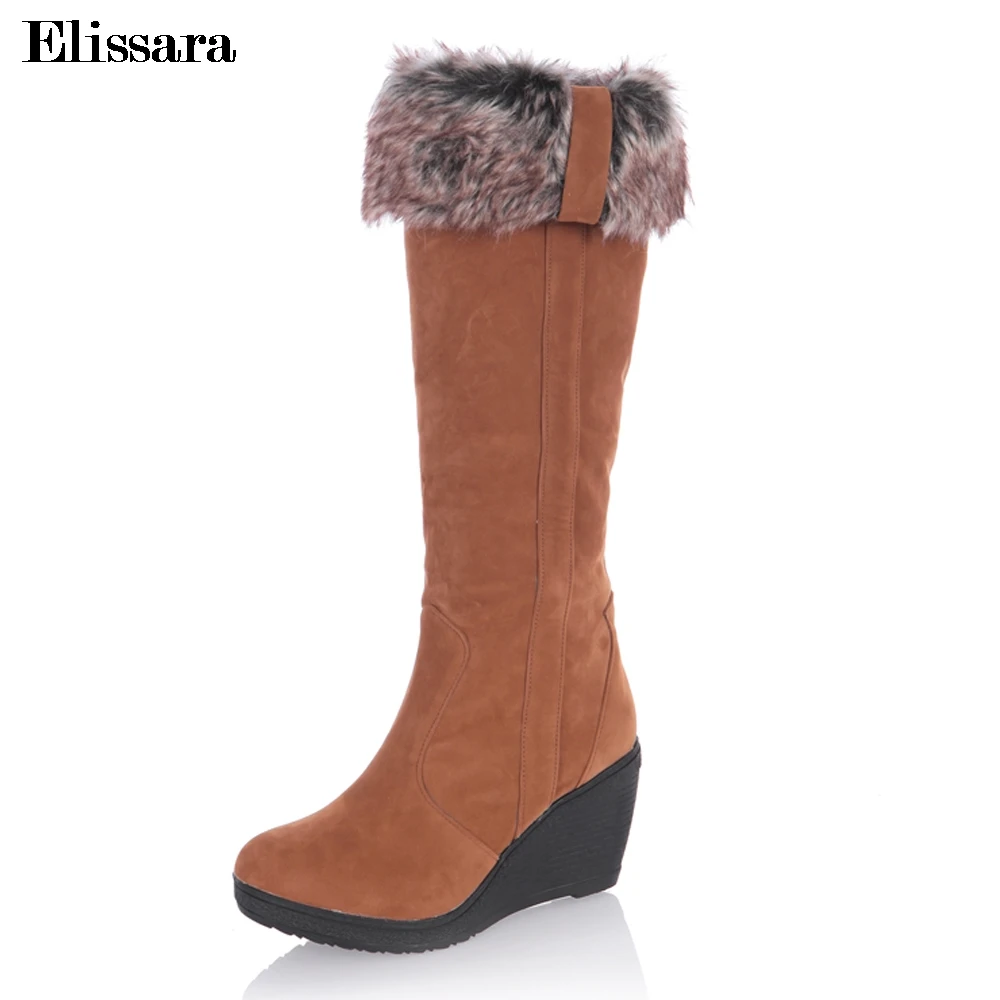 

Elissara Fashion Women Winter Warm Fur Snow Boots Shoes Women High Heels Knee High Boots Wedge Heels Shoes Plus Size 34-39