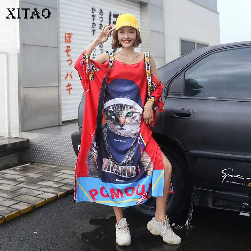 

XITAO Plus Size Street Maxi Dress Women Print Letter Pattern Loose Korea Fashion Slash Neck Hollow Out 2019 Elegant WBB4451