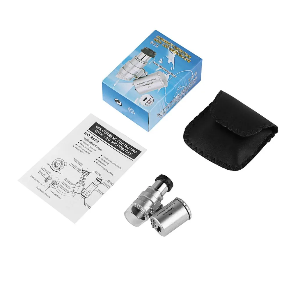 QiKun-Home Mini probador de Dinero portátil de Mano 60X microscopio de detección de Moneda Lupa de Cristal luz LED microscopio UV Plata 
