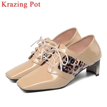 

Krazing Pot new arrival popular leopard mixed colors vintage square toe med heels lace up European style dress wedding pumps L12