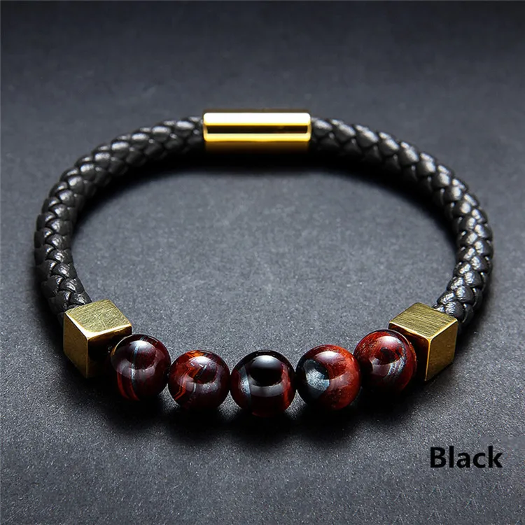 HMSFELY Fashion Men Real Leather Rope Stone Beaded Black Brown Bracelets Stainless Steel Gold Beads Magnetic Bracelet For Men - Окраска металла: Black