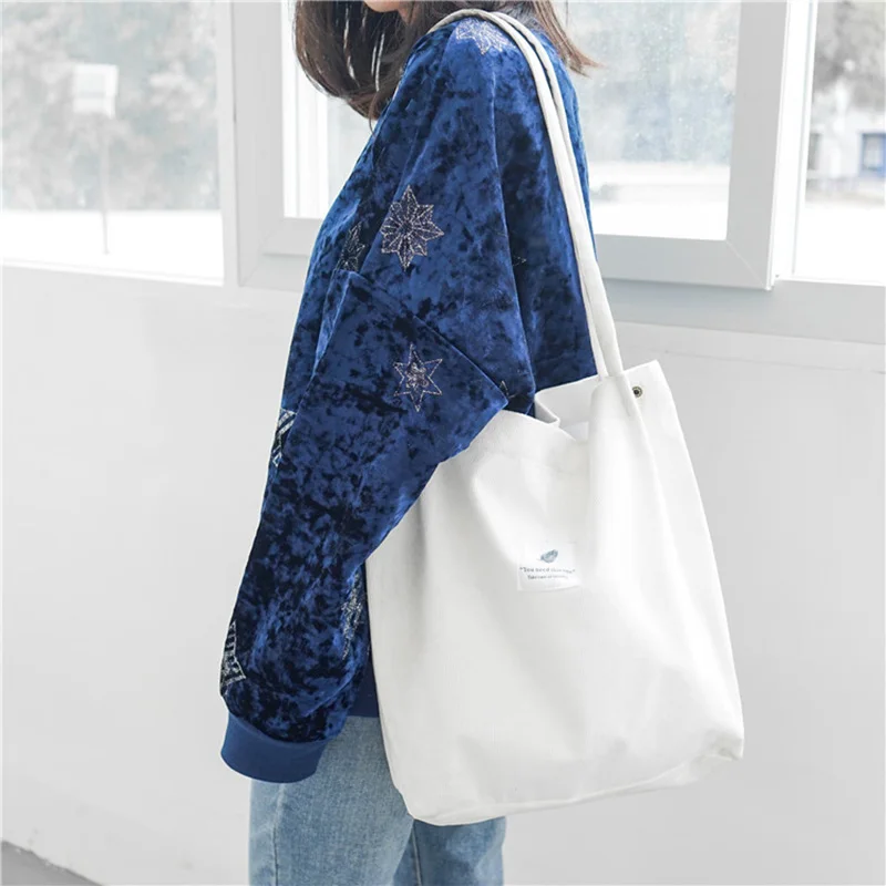 

Women Shopping Bags Ladies Corduroy+Cotton One Shoulder Bags Girls School Bags Women Big Capacity Beach Eco Folding Bag(white)