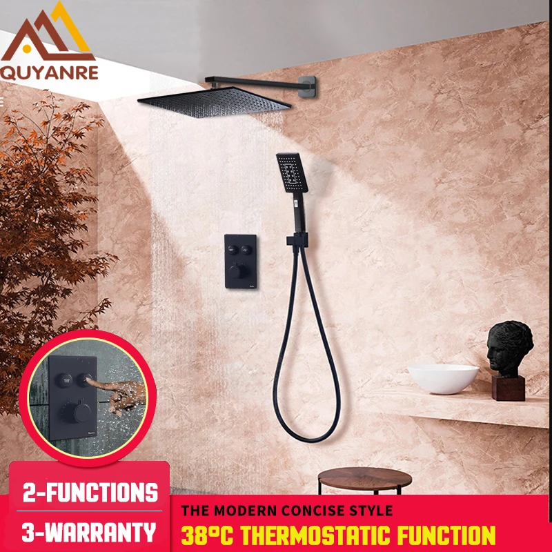 quyanre wanfan matte black thermostatic shower faucets set brass rainfall shower head abs 3-way handshower 2 buttons switch bathroom shower