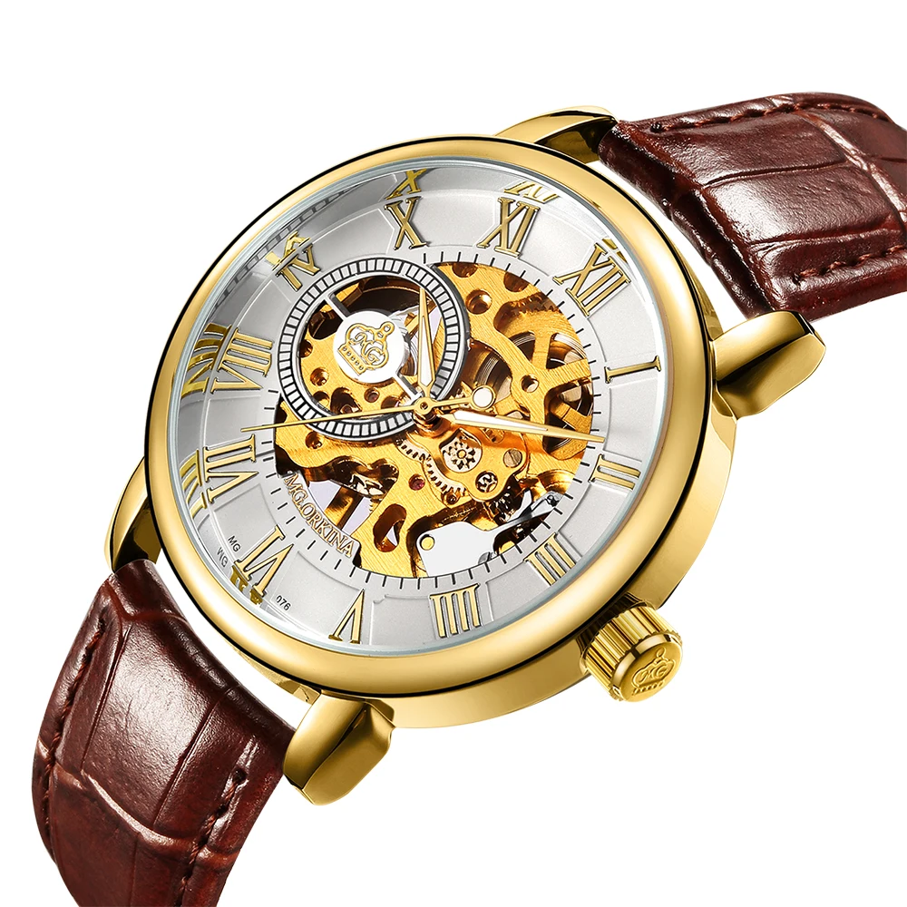 

MG.ORKINA MG Men Watches Top Brand Luxury Gold Skeleton Watches Leather Band Mechanical Hand Wind Watch Mechanical Watch Men