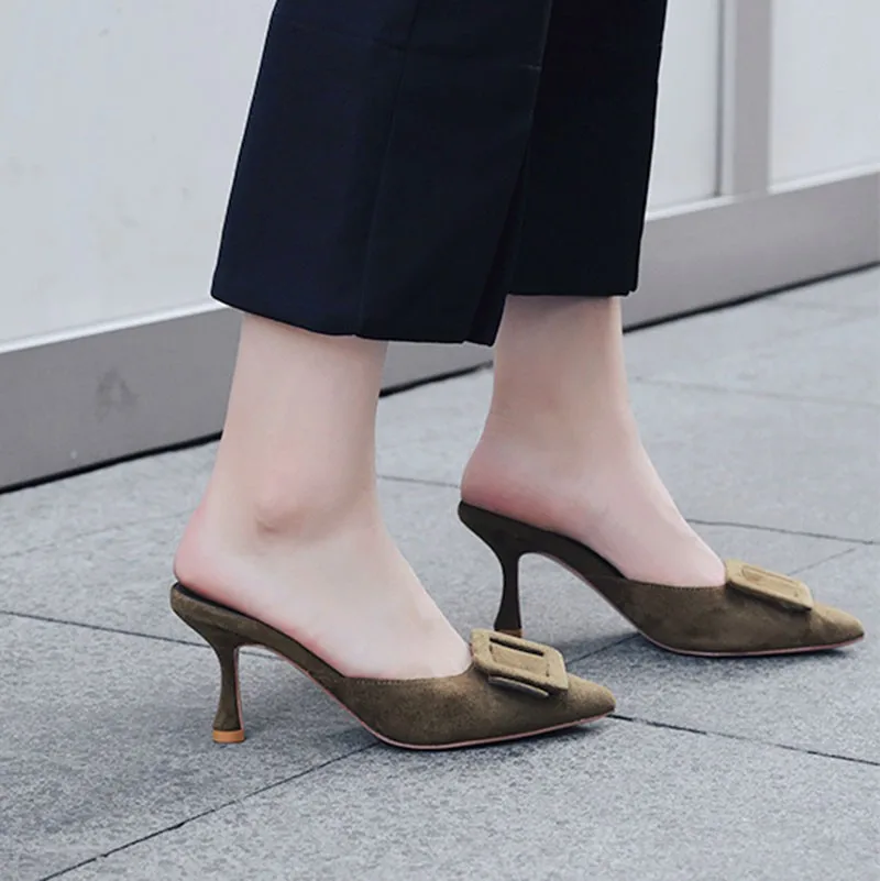 Scarpin черный сандалии насосы известный женщина Указательный палец итальянский 2018 зеленый высокие каблуки средняя пятка 3 дюймовый мюли
