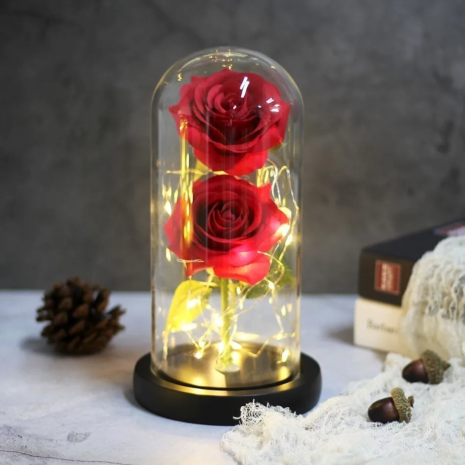 NEW Beauty And Beast Eternal Flower Rose In Flask Wedding Decoration Artificial Flowers In Glass Cover For Valentine's Day Gifts - Цвет: two black