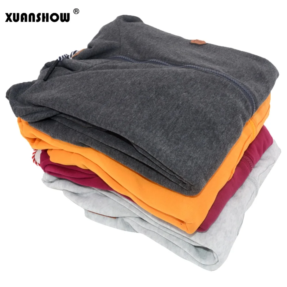 XUANSHOW إمرأة الأزياء يجز هوديس السيدات بلوزات عارضة رياضية الصلبة كم طويل زمم الملابس زائد حجم S-5XL