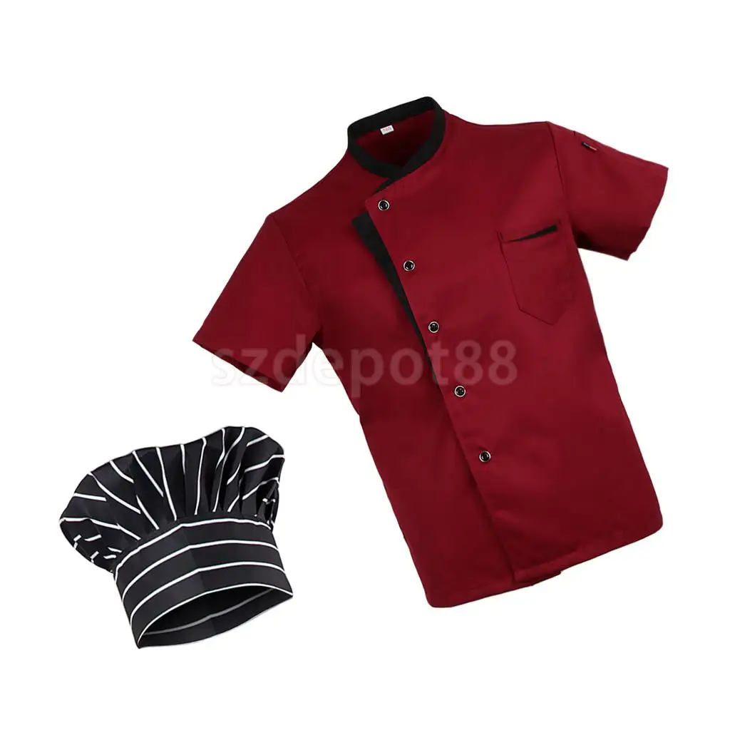 Adult Durable Five Star Chef Shirts Red Catering Uniform Mesh Sleeve Pen Pockets Chefwear Coat Chef Hat M