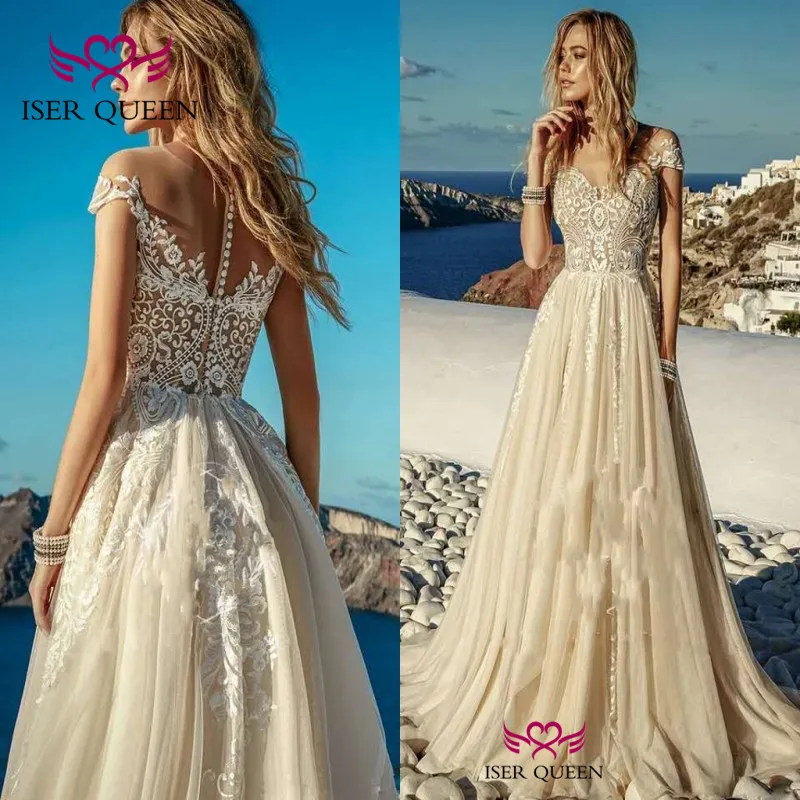 

Boho Stylish Delicate Embroidery with Tulle Cap Sleeves Cвадьба Illusion Button Design Natural Beach Wedding Dresses w0619