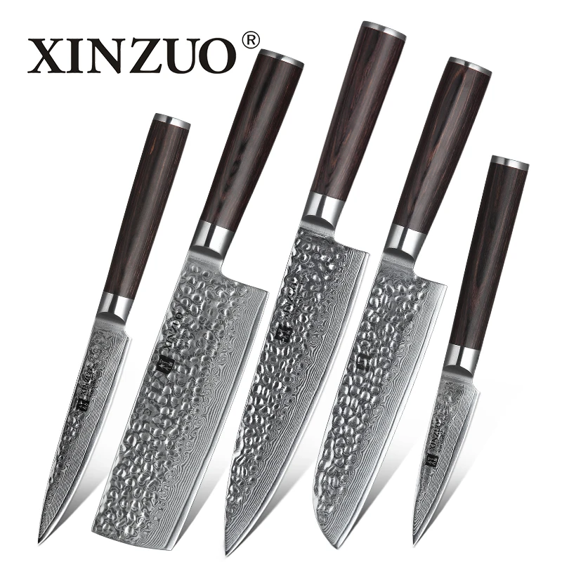 

XINZUO 5PCS Kitchen Knives Set Japanese Damascus Stainless Steel Sharp Razor Cleaver Chef Knife Pakka Wood Handle Kitchen Knife