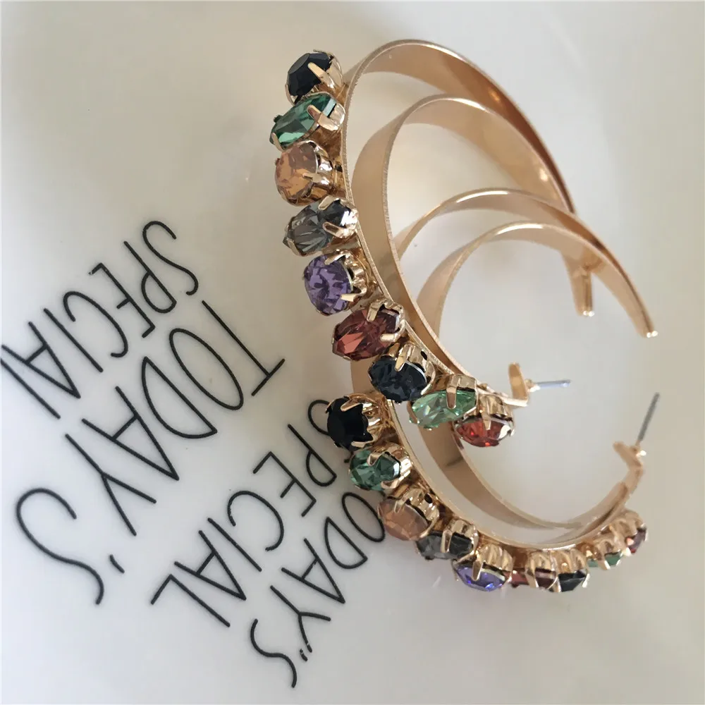 BIG COLORFUL STONE INSERTED HOOP EARRING GOLD COLOR PLATING