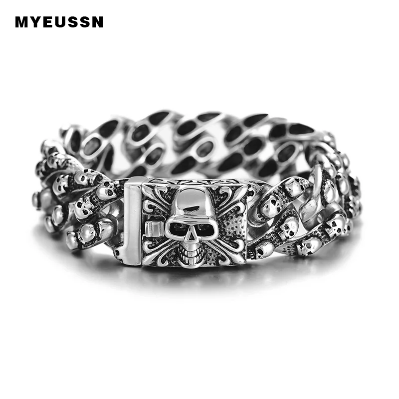 

Punk Style Several Skull Skeleton Bracelet 316L Stainless Steel Big Skull Clasp Cool Bracelet For Men Father's Day Hip Hop Gift