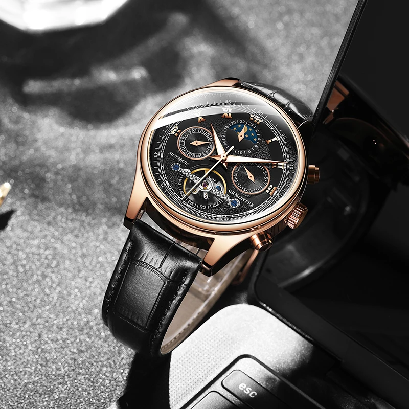 Мужские механические часы Tourbillon, роскошные модные брендовые кожаные мужские спортивные часы, мужские автоматические часы, мужские часы grmontre