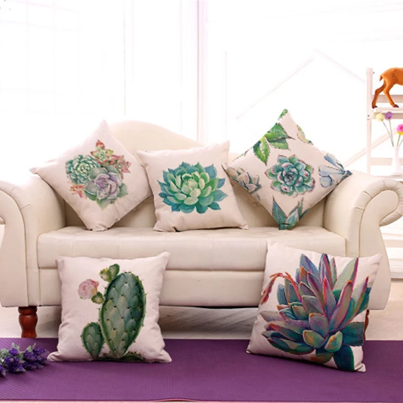Linen Cototn Cactus Plants Cushion Cover Green Leaves Pillow Case Seat Sofa Home Decorative Pillow Cover Textiles Pillowcase
